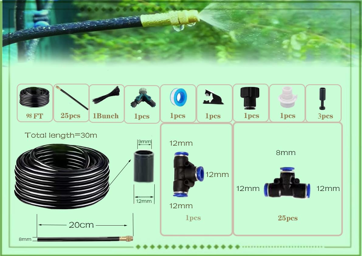Drip Irrigation Kit  Automatic Garden Watering System Quick Connector And 360-degree Bending Dropper Atomizing Copper Nozzle Plant Lawn Courtyard System. (100ft)