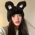 thumbnail image 4 of dianhelloya Women Winter Hat Cartoon Rabbit Ear Decor Ear Protection Soft Plush Thick Warm Cold Resistant Elastic Anti-slip Color Matching Lady Cap Black, 4 of 8