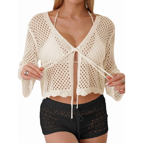 Womens Hollowout Crop Summer Solid Color Long Sleeves Lace Up Beach Casual Cover Up Shawl Blouse Top  One Size