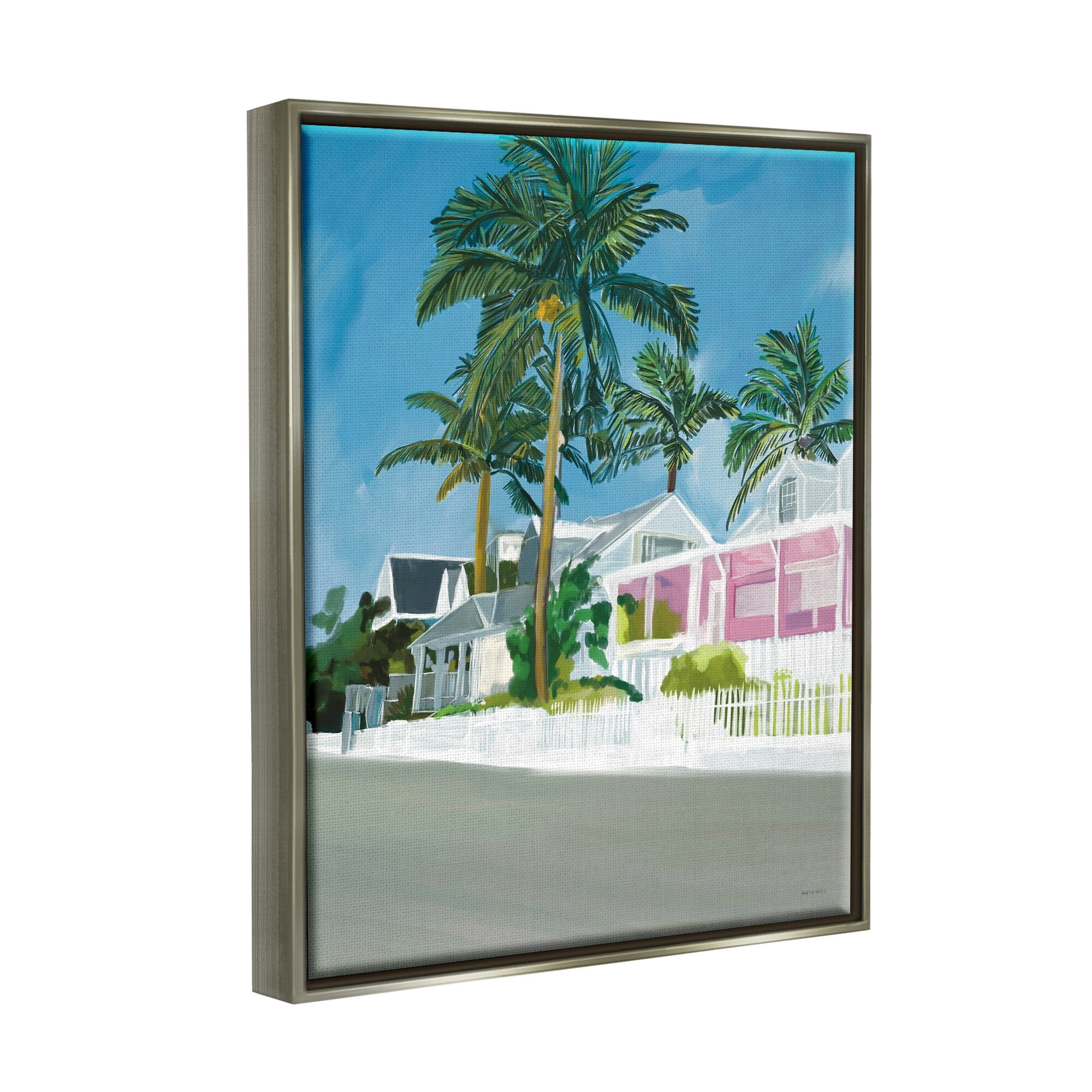 Stupell Industries Tropical Palm Trees Summer Vacation Resort Houses Graphic Art Luster Gray Floating Framed Canvas Print Wall Art, Design by Amelia Noyes