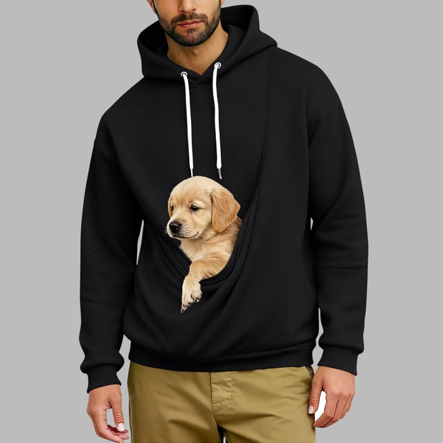 Ceisia Men's Loose Fit Hooded Sweatshirt with Large Pet Pocket & Puppy Print for Casual Wear Black XXXL Gifts