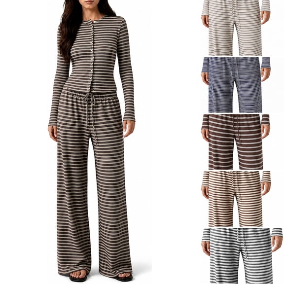 DORKASM Women's Striped 2 Piece Pants Outfits Long Sleeve Top Lounge Sets Casual Knit Button Down Lounge Outfits Army Green S
