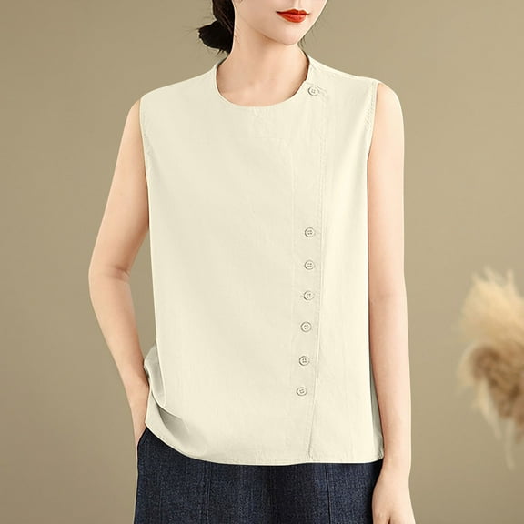 Delliss Women's Sleeveless Button Down Shirts Dressy Casual Blouses Loose Office Tank Tops