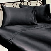 3-Piece TWIN size, SOLID BLACK Soft Silky Charmeuse Satin Sheet Set - Flat, Fitted and Pillow Case. Deep Pockets