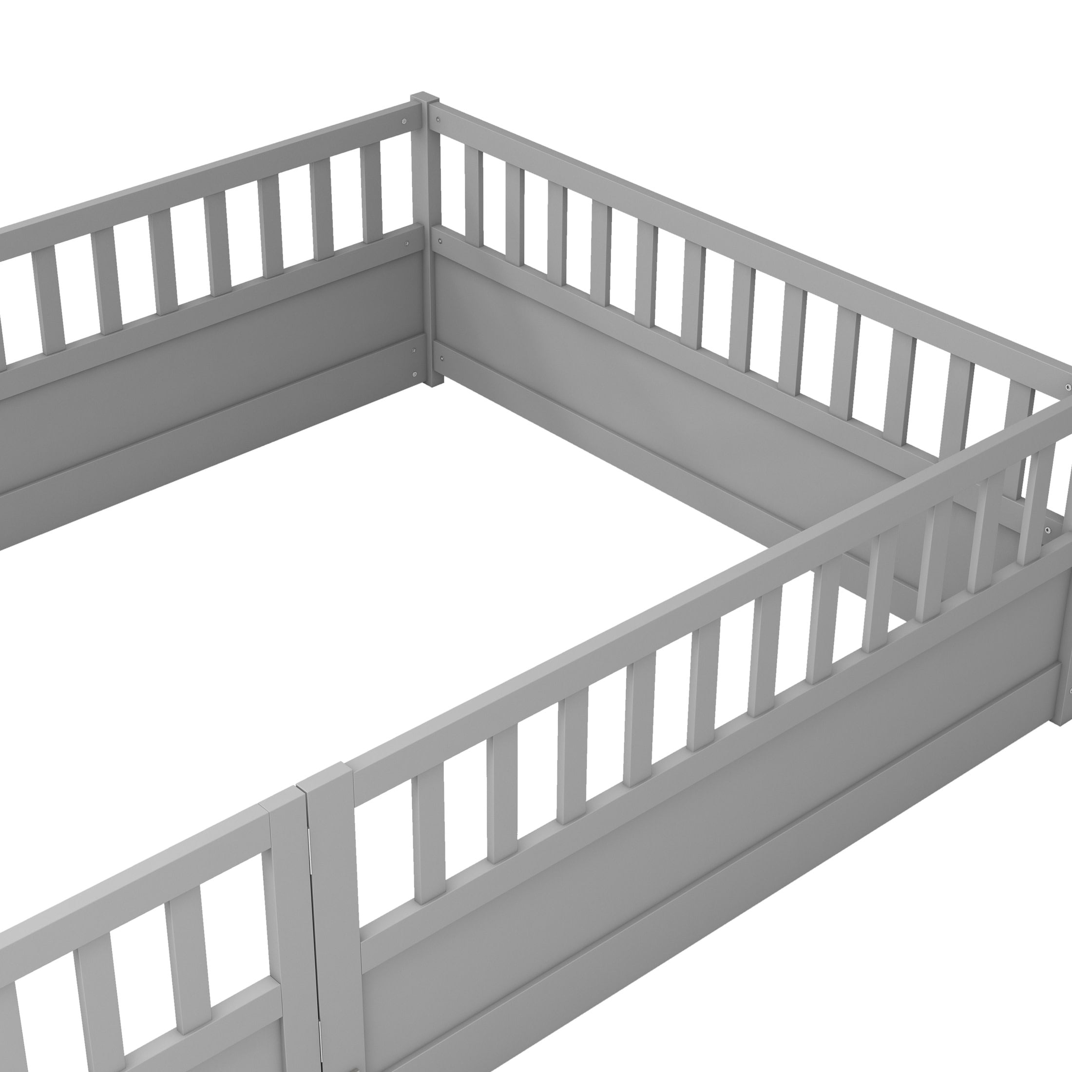 Noble House Full Size Montessori Floor Bed with Safety Guardrails and Door, Wood Kids Bed Frame, Gray