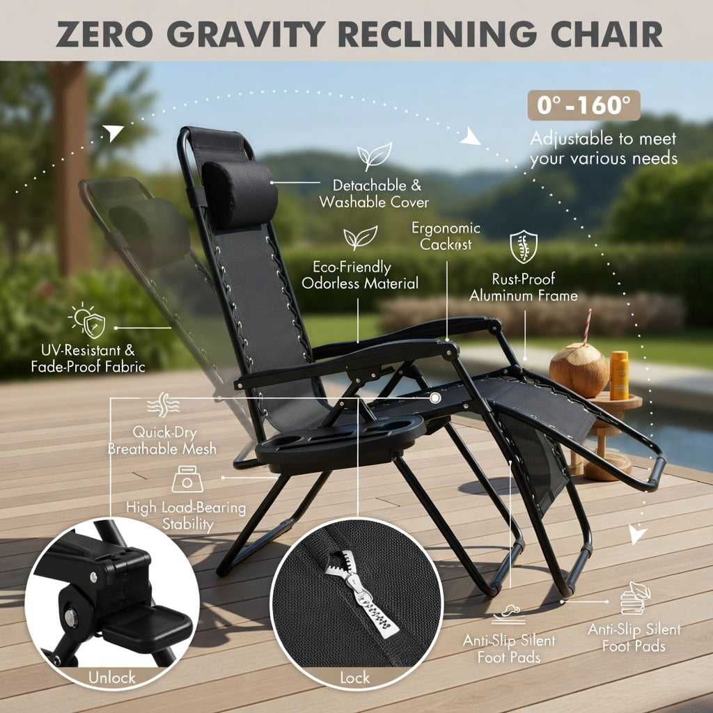 Hommoo Zero Gravity Folding Lounge Chair for Outdoor & Indoor Use – Adjustable Recliner with Removable Tray, Cup Holder & Headrest, Black