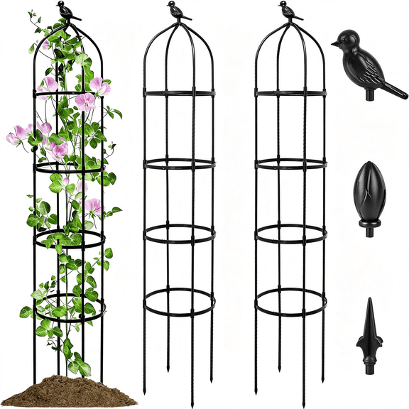 ZHZFKQ 2 Pack Garden Obelisk Trellis for Climbing Plants Outdoor, 6Ft Adjustable Metal Plant Support with 3 Decorative Tops, Black Rustproof Trellis for Roses, Tomatoes, Clematis & Vines