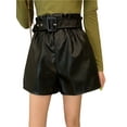 thumbnail image 3 of Franhais Women PU Leather Shorts, Pleated Waist Adjustable Belt Basic Solid Color Loose Hem Pant, 3 of 6