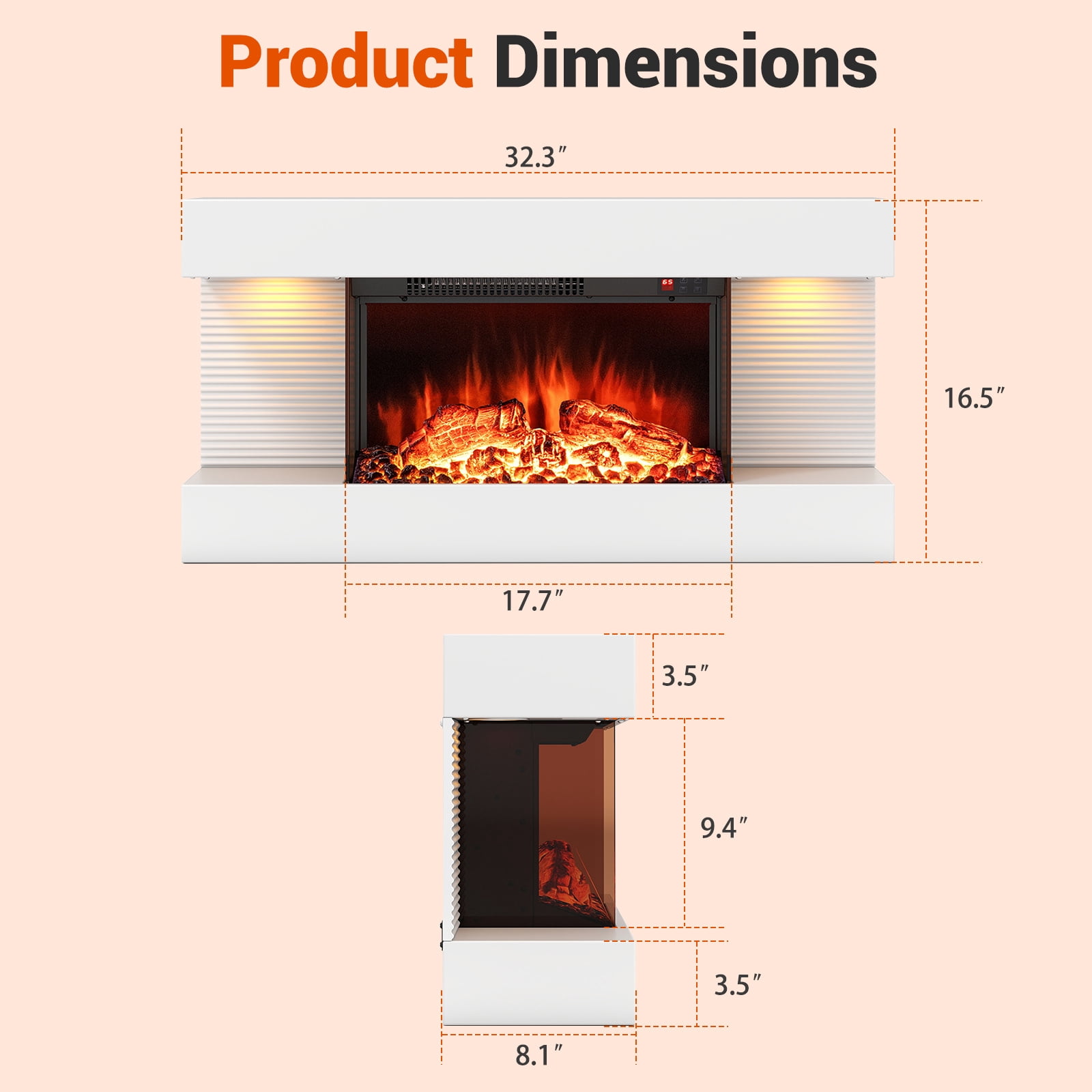Giantex Wall-Mounted Electric Fireplace Mantel, 18" Fireplace & 32" Floating Mantel, 750W/1500W All-in-One Fireplace