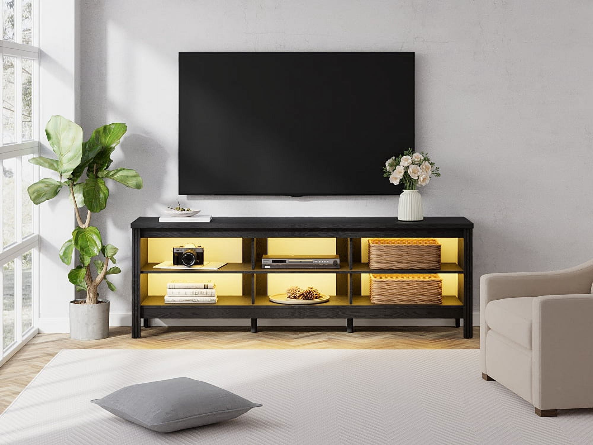 Farmhouse TV Stand for 75 inch TV with LED Light, Black Entertainment Center with 6 Storage for Living Room, Bedroom, 70 Inch