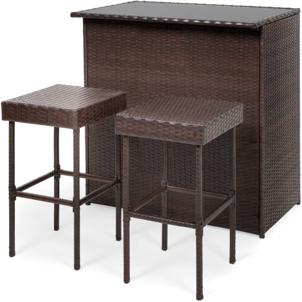 Best Choice Products 3 Piece All Weather Wicker Bar Table Set For Patio Backyard W 2 Stools Glass Tabletop Brown Walmart Com Walmart Com