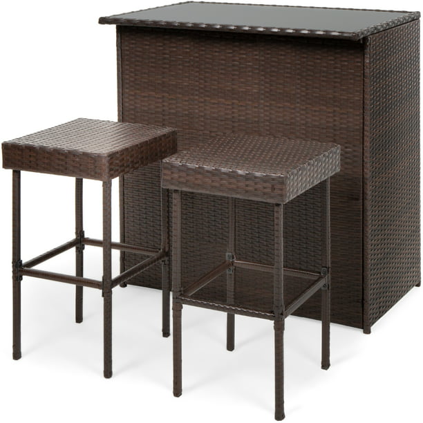 3 Piece All Weather Wicker Bar Table, Resin Wicker Outdoor Bar Stools