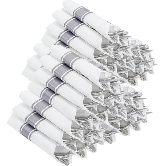 400PCS Pre Rolled Silver Plastic Silverware Sets - Heavy Duty Silver Cutlery - Include 100 Pack Wrapped Disposable Utensils with Napkins for Parties & Dinners & Weddings