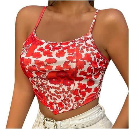 

CYMMPU Women Clothing Women s Sexy Bustier Summer Shirts Spaghetti Strap Cropped Tank Round Neck Tank Sleeveless Cami Vest Slim Fit Crop Tops Red