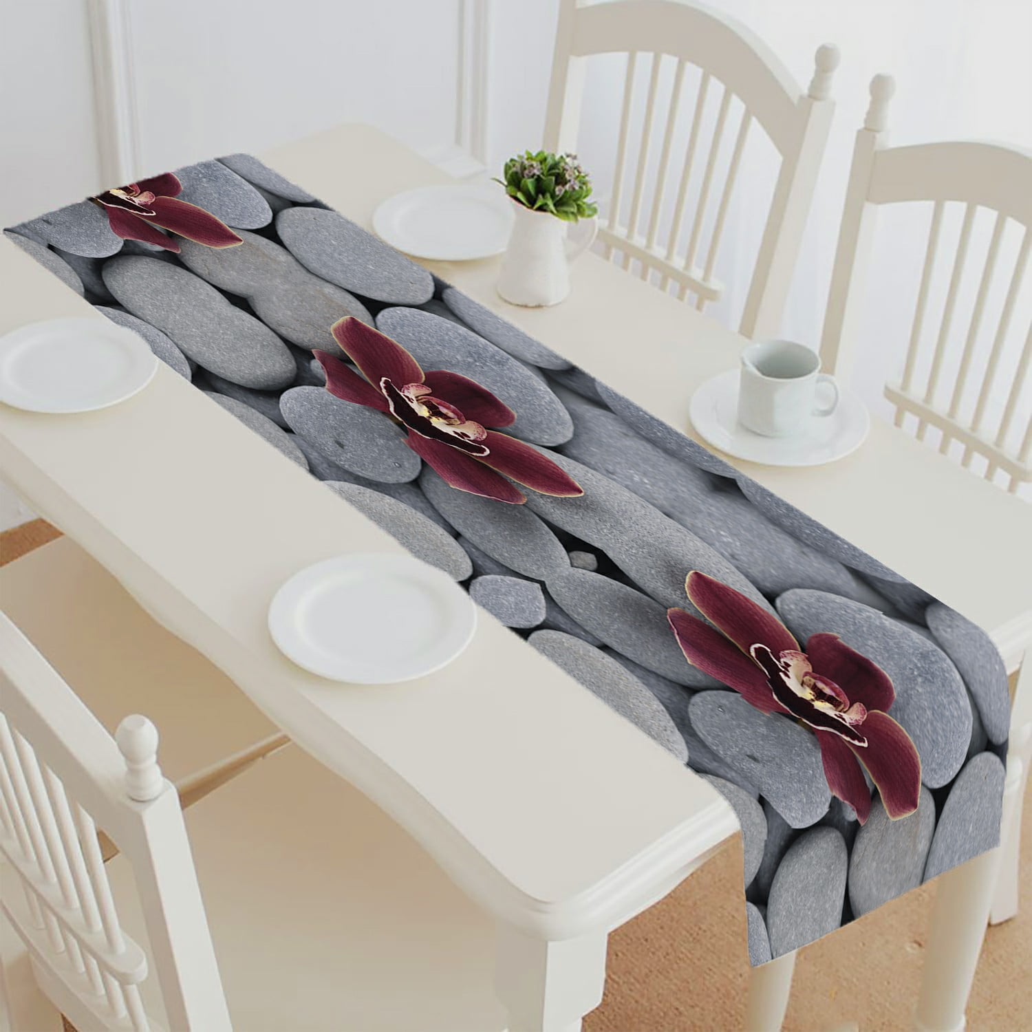 ABPHQTO Beautiful Orchid On Gray Pebbles Table Runner Placemat