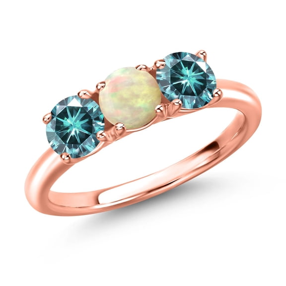 Gem Stone King 18K Rose Gold Plated Silver White Ethiopian Opal and Blue Moissanite Engagement Ring for Women | 1.30 Cttw | Round Cabochon 5MM | Gemstone October Birthstone | Size 7