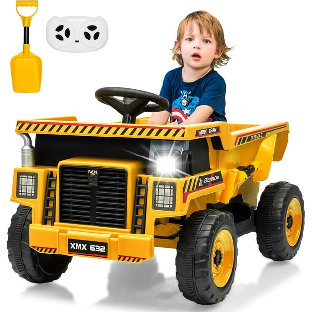 12V Ride-On Dump Truck with Remote Control, Electric Dump Bed & Shovel
