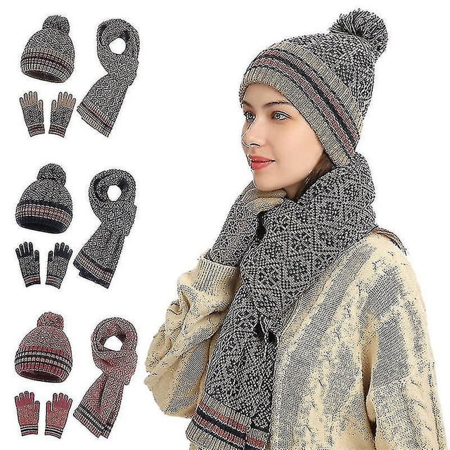 Snowflake Print Beanie Hat Scarf Touch Screen Gloves Set With Pom For Women
