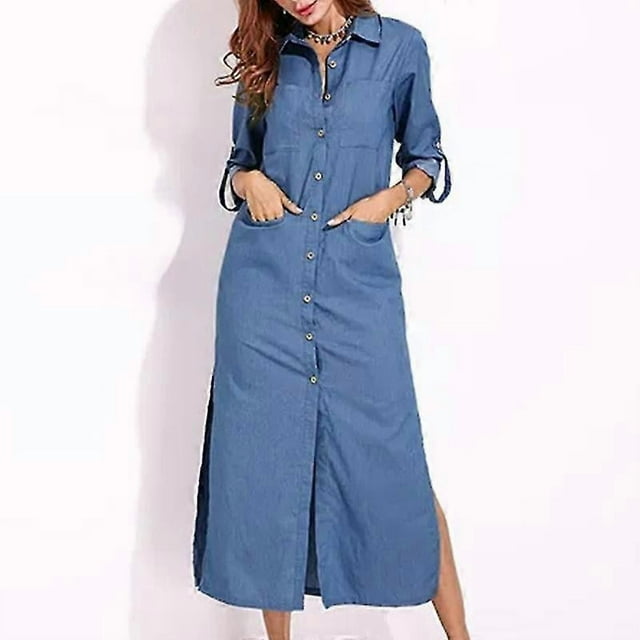 Ladies Jean Dresses Long Sleeve Denim Shirt Dress Women Travel Single Breasted