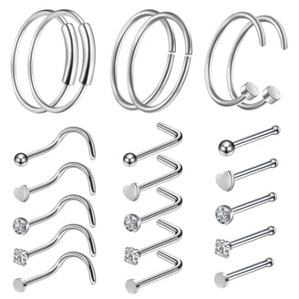 20-Pack Clear Acrylic Nose Studs - 4 Styles (L-Shape, Flat, Curved, Ball) Assorted Sizes-972636