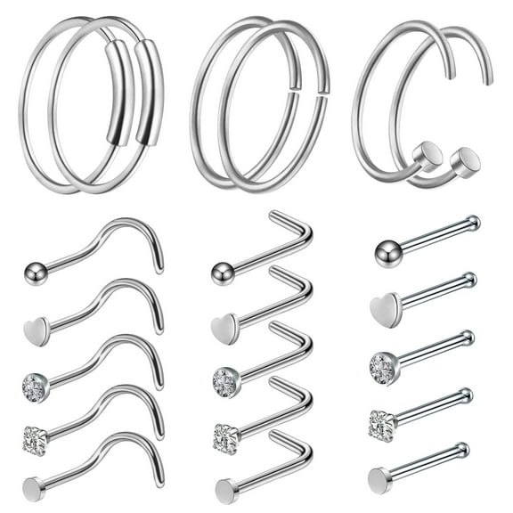 Designice 21Pcs Nose Rings Mix Style Nose Studs 20G Hoop Nose Rings for Women Nose Piercing Jewelry