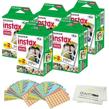 Fujifilm INSTAX Mini Instant Film 10 Pack 100 SHEETS (White) For Fujifilm Mini 8 Cameras Bundled with custom instax FRAME STICKERS and Quality Photo Microfiber Cloth for mini 8 lens