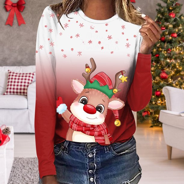 Pntutb - Camiseta de manga larga con cuello redondo y estampado de ciervos en 3D para mujer Pntutb Pntutb-1848