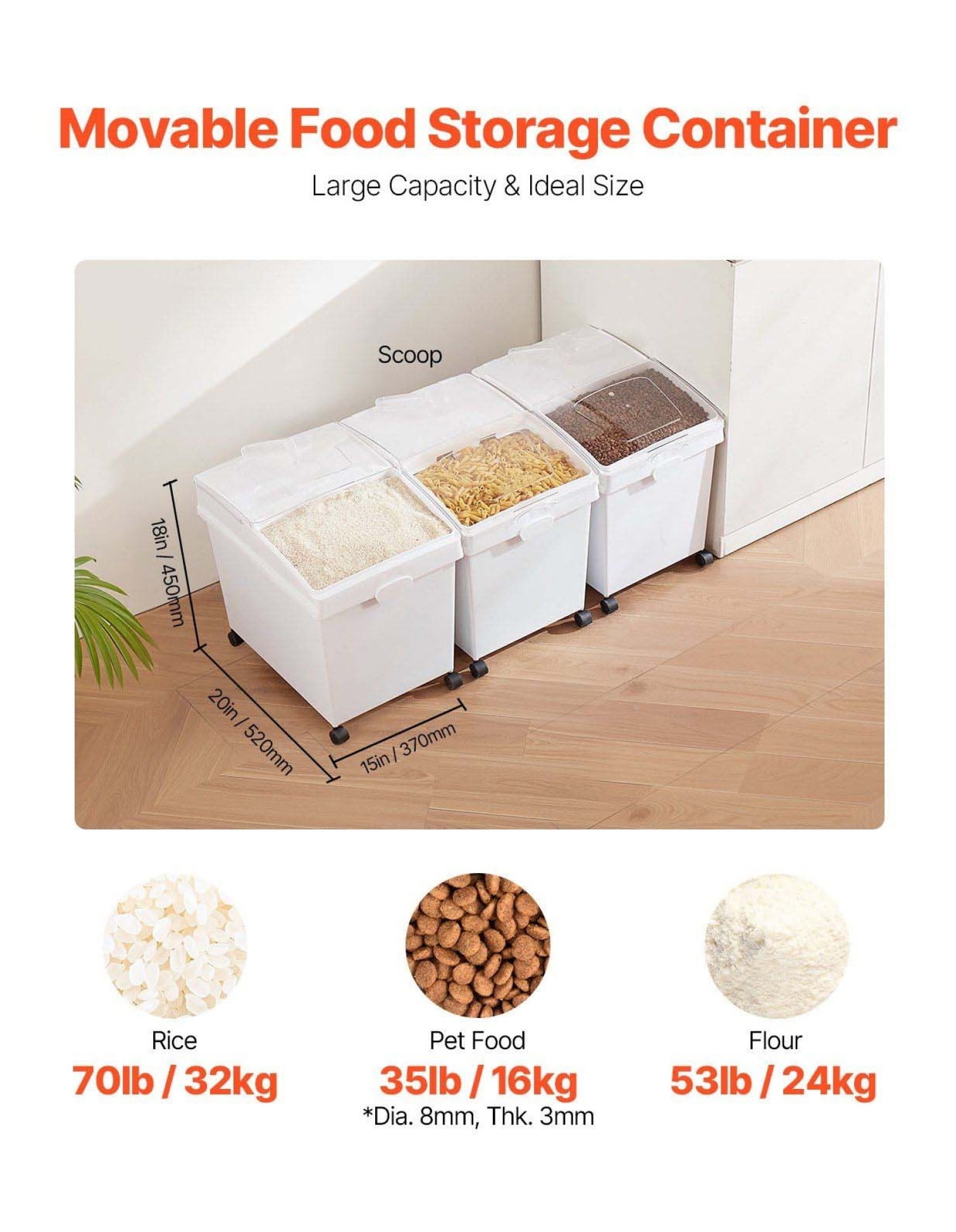 Ingredient Bins 10.5 Gallon - 3 Pack Food Storage Containers on Wheels, PP Airtight Flour Bins with Scoop & Sliding Lid, White Commercial Storage