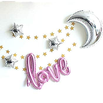 42 Inch “Love” and 36 Inch Moon Foil Air-filled / Helium Balloon for Party Proposal Valentine Present gift Wedding Baby Shower window dressing Birthday Festive Furnishing Decoration (Pink diamond Set)
