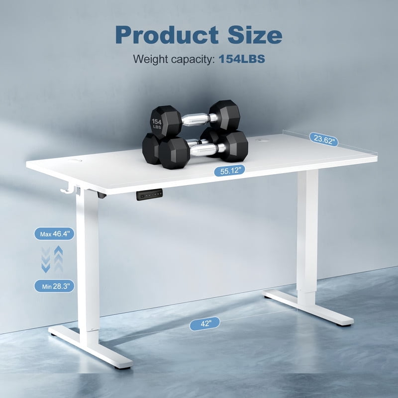 Kelno 55" Electric Standing Desk Height Adjustable Sit-Stand Desk with 3 Memory Presets Splice Desktop, White