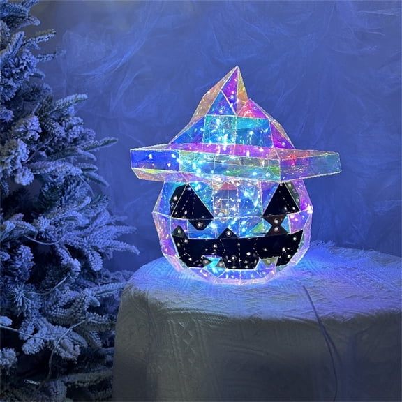 Opehuo 2025 New LED Prismatic Iridescent Pumpkin Lights,Prismatic Halloween Pumpkin Decor With Witch's Hat,LED Prismatic Iridescent Spooky Pumpkin Lights Decor,Halloween Lights Gift,A