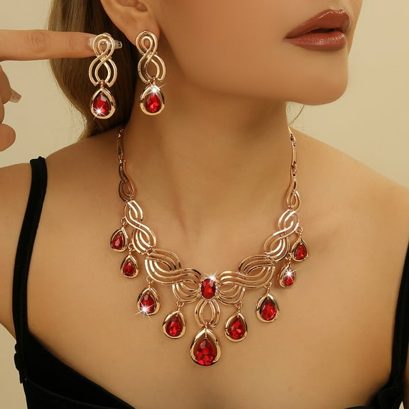 TAZAG fashion exaggerated diamond red drop-shaped crystal necklace and earrings two-piece jewelry set women's wedding jewelry