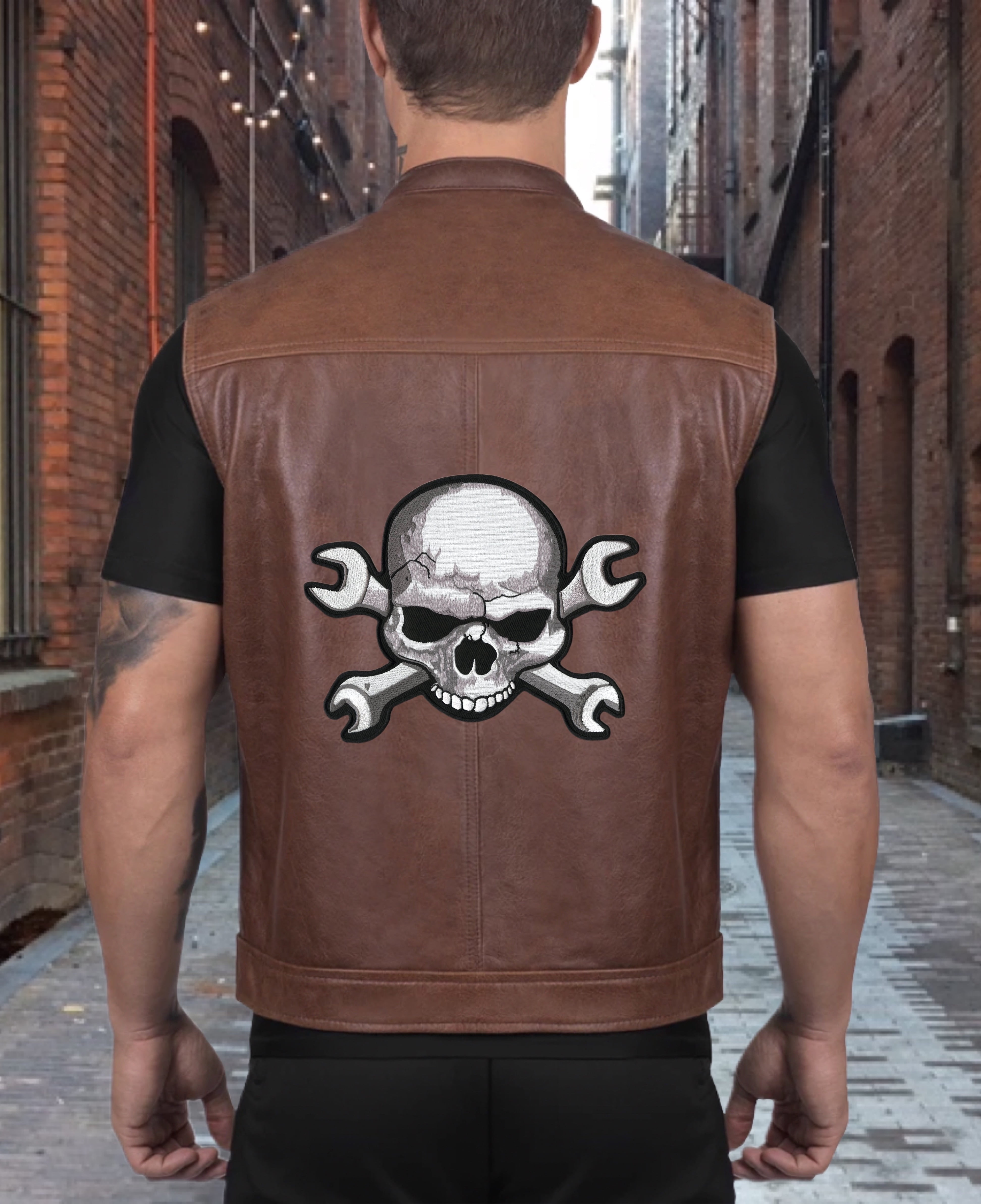 Skull & Wrench Crossbones Patch 11" | Realistic Large Skeleton Halfskull Embroidered Iron On Motorcycle Jacket Back Patch - by Nixon Thread Co.
