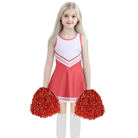 Hienoo Big Girls Cheerleader Outfits Sleeveless Sports Leotard Dress Stocking Pom-Poms