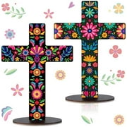2‑pc Mexican cross Day of the Dead altar décor, wooden table centerpiece, floral Spanish crucifix for Halloween.