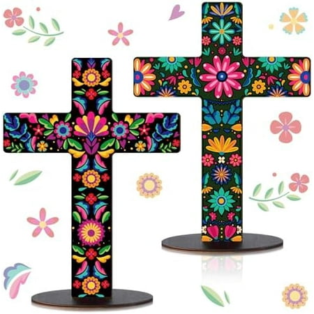 2‑pc Mexican cross Day of the Dead altar décor, wooden table centerpiece, floral Spanish crucifix for Halloween.