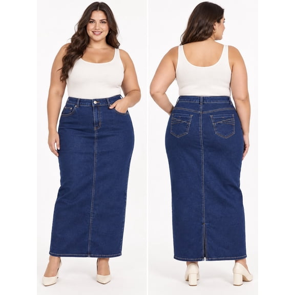 Zang Fashion Women's Plus Dark Blue Denim Maxi Pencil Skirt, Size 11