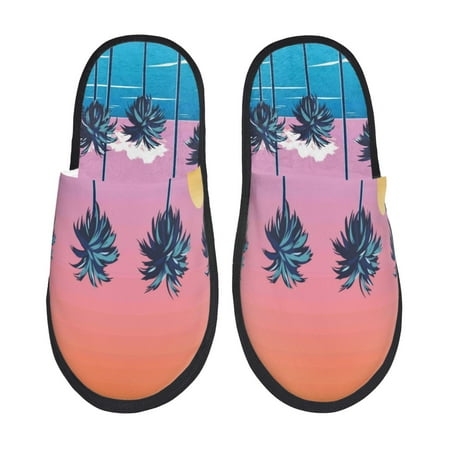 Balery Beach with Palm Trees Slient Indoor Furry Fleece Comfort House Shoes Soft Non-Slip Home Shoes Cotton slippers House Slippers-- Medium