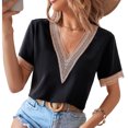 thumbnail image 2 of Camisa de mujer con cuello en V, manga corta, encaje guipur, blusa informal de poliéster para oficina en casa, 2 of 6