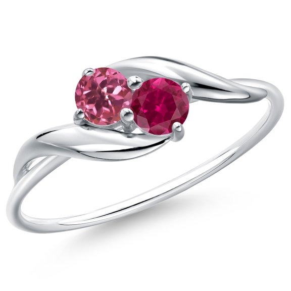 Gem Stone King 10K White Gold Round Pink Tourmaline and Red Created Ruby Ring for Women (0.40 Cttw, Round 3.5MM, Gemstone October Birthstone, Size 8)