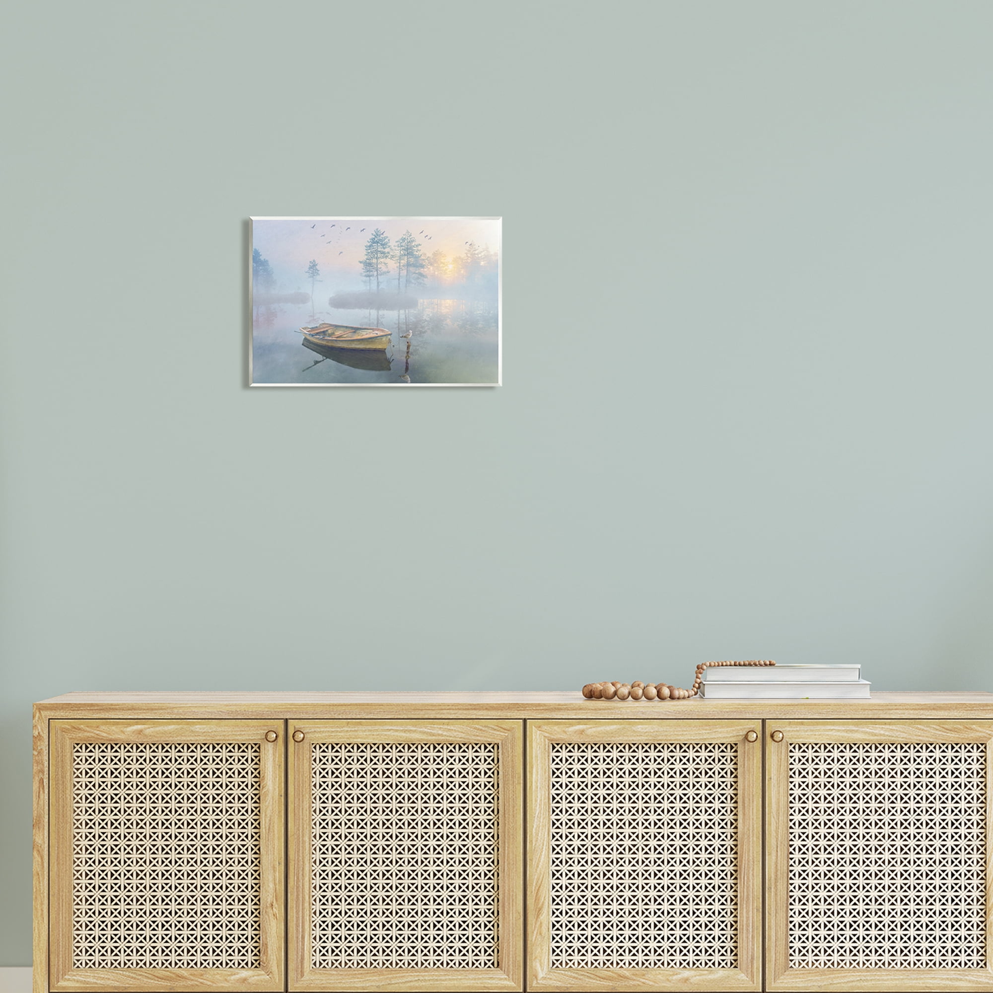 Stupell Dinghy Boat Foggy Pond Reflection Landscape Painting Wall Plaque Unframed Art Print Wall Art