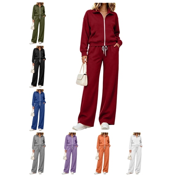 Atkumj Track Suits for Women Set Fashion Turn Down Collar Zip Up Jackets and Drawstring Elastic Waist Wide Leg Pants Workout Sets Versatile Solid Color Loose Sweat Suits for Womens 2 Piece S