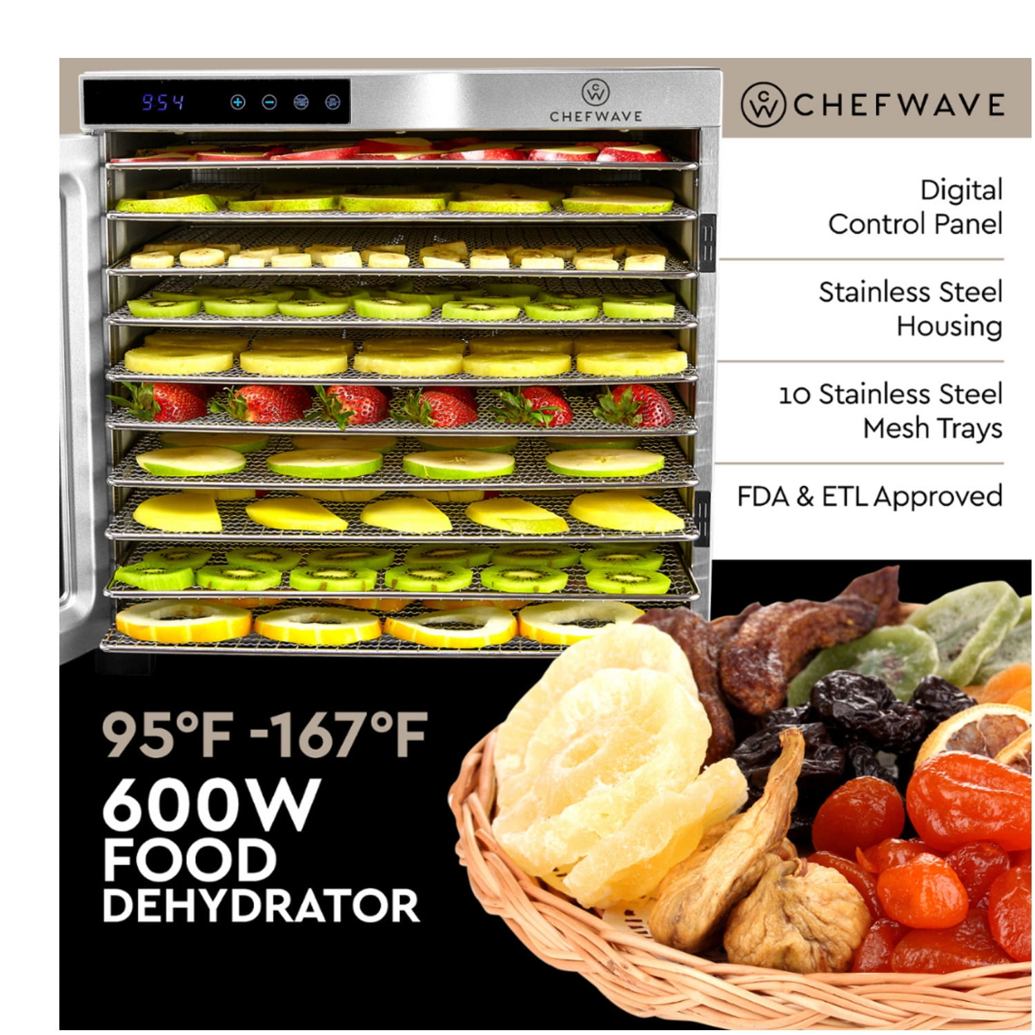Restaurantware Hi Tek Food Dehydrator, 1 Food Dryer Machine - 120V/1000W, 10 Shelves, Stainless Steel Dehydrator for Food, Built-in Timer, No-Slip