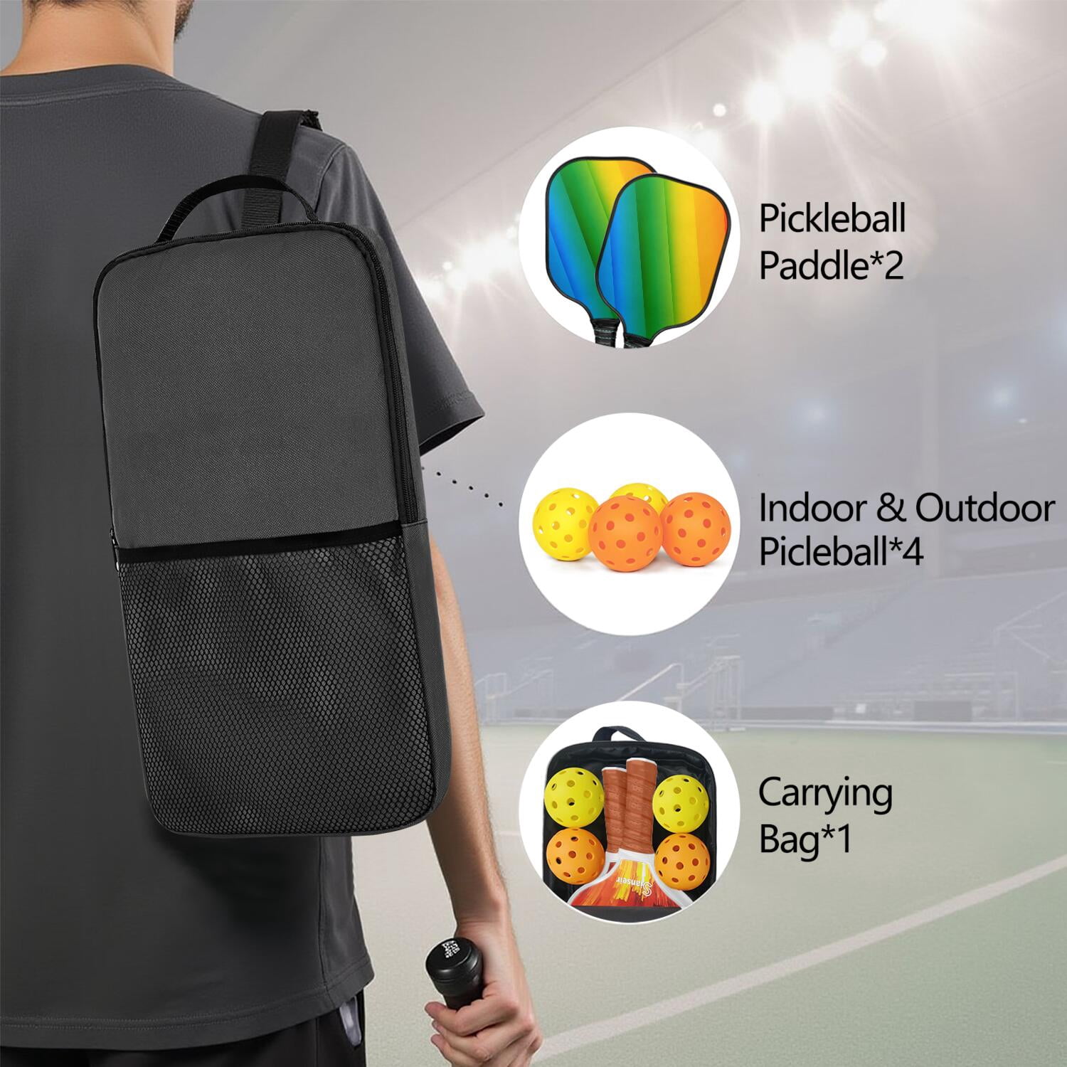 Pickleball Paddles Set Of 2, Fiberglass Surface, Vibrant Rainbow Print, 4 Balls & Bag