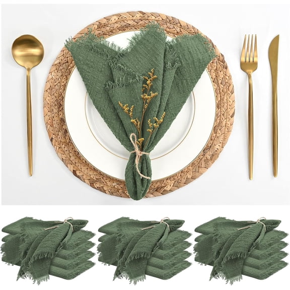 12 Pack Olive Green Cloth Napkins Cotton Linen Napkins 16 x 16 Inch Green Napkin Cloth Handmade with Fringe Soft Napkin Cloths Washable Rustic Dinner Napkin Cloths for Wedding Party Dinner Table