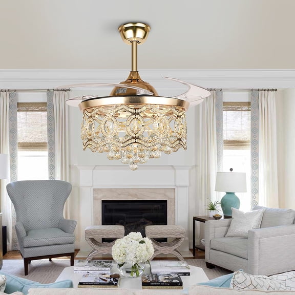 FINE MAKER 42" Gold Crystal Invisible LED Living Room Ceiling Fan Light with Remote Control