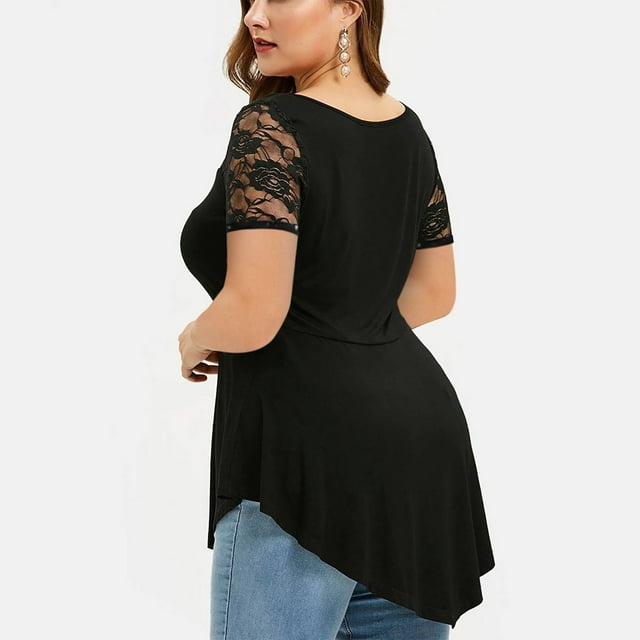 Leutsin Plus Size Women Solid Floral Lace O-Neck Asymmetric Three Quarter Plus Size Plus Size Tops Blouse