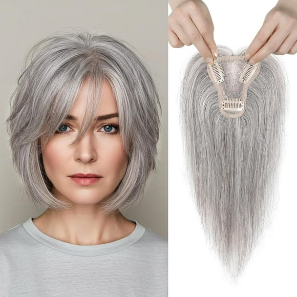 Human Hair Topper, 10 Inch Hair Toppers for Women Real Human Hair, Real Human Wiglet Adding Targeted Coverage for Thinning Hair, Light Gray