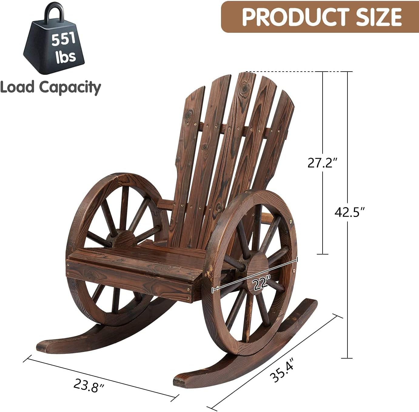 Kinbor Wagon Wheel Wood Rocking Chair Outdoor Furniture Patio Chairs Armrest Rocker - image 5 of 7