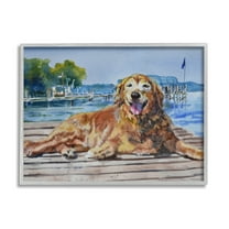 Stupell Industries Coastal Waterfront Scenery Golden Retriever Relaxing Dock Paintings Gray Framed Art Print Wall Art, 20x16, by MB Cunningham